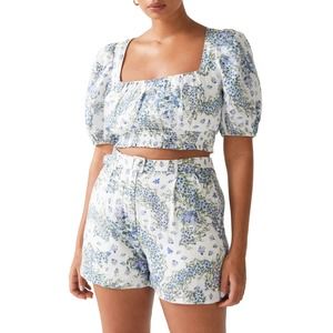 & Other Stories | Linen Floral Matching White Blue Crop Top Shorts Set 36 38